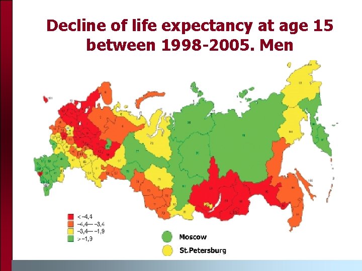 Decline of life expectancy at age 15 between 1998 -2005. Men 
