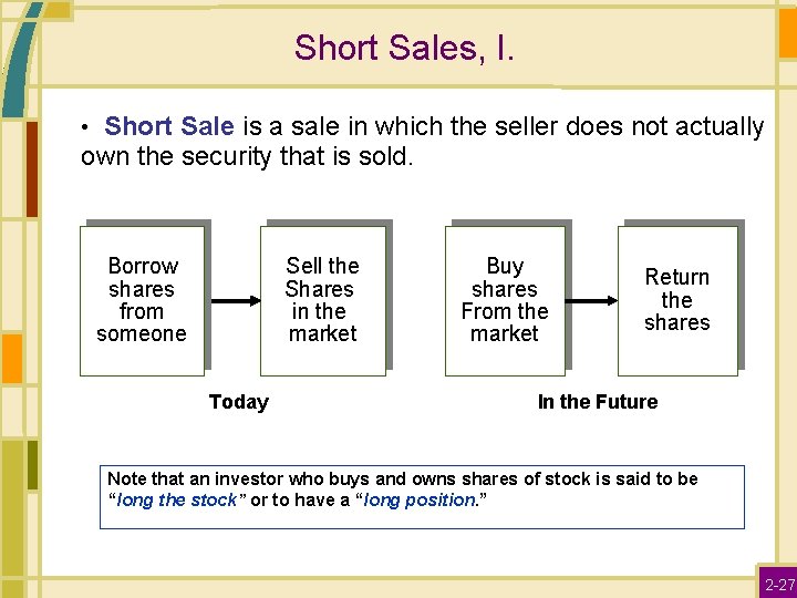 Short Sales, I. • Short Sale is a sale in which the seller does