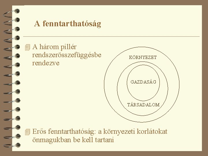 A fenntarthatóság 4 A három pillér rendszerösszefüggésbe rendezve KÖRNYEZET GAZDASÁG TÁRSADALOM 4 Erős fenntarthatóság: