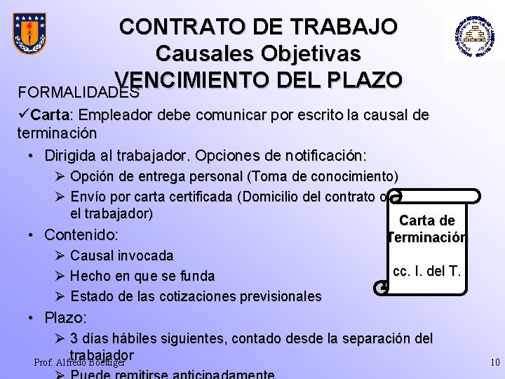 CONTRATO DE TRABAJO Causales Objetivas VENCIMIENTO DEL PLAZO FORMALIDADES üCarta: Empleador debe comunicar por