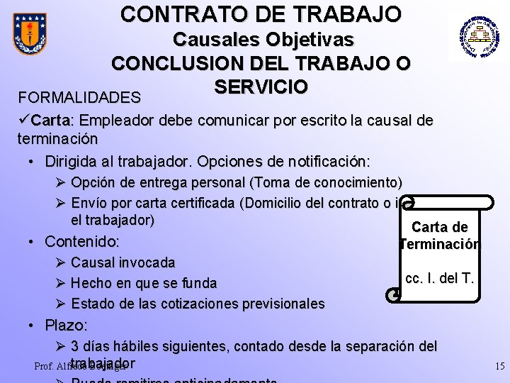 CONTRATO DE TRABAJO Causales Objetivas CONCLUSION DEL TRABAJO O SERVICIO FORMALIDADES üCarta: Empleador debe