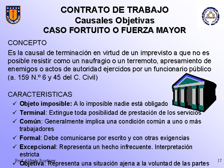 CONTRATO DE TRABAJO Causales Objetivas CASO FORTUITO O FUERZA MAYOR CONCEPTO Es la causal