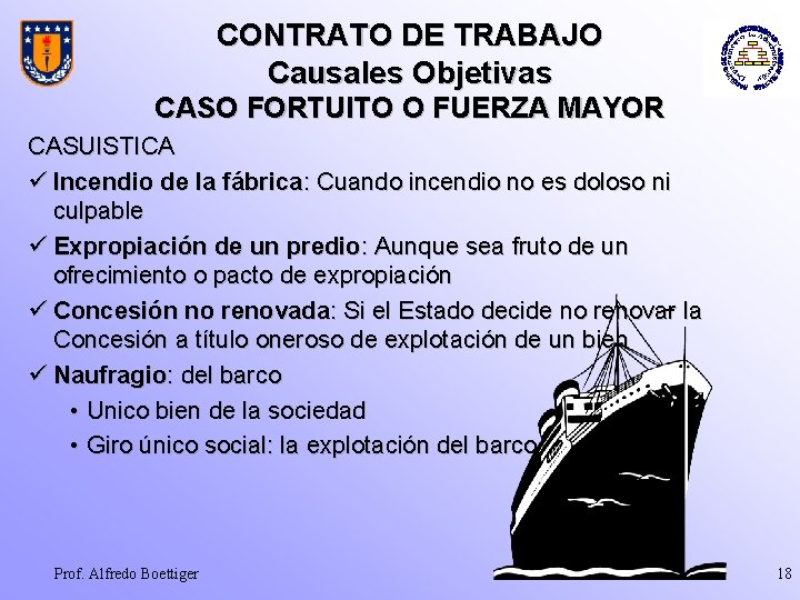 CONTRATO DE TRABAJO Causales Objetivas CASO FORTUITO O FUERZA MAYOR CASUISTICA ü Incendio de