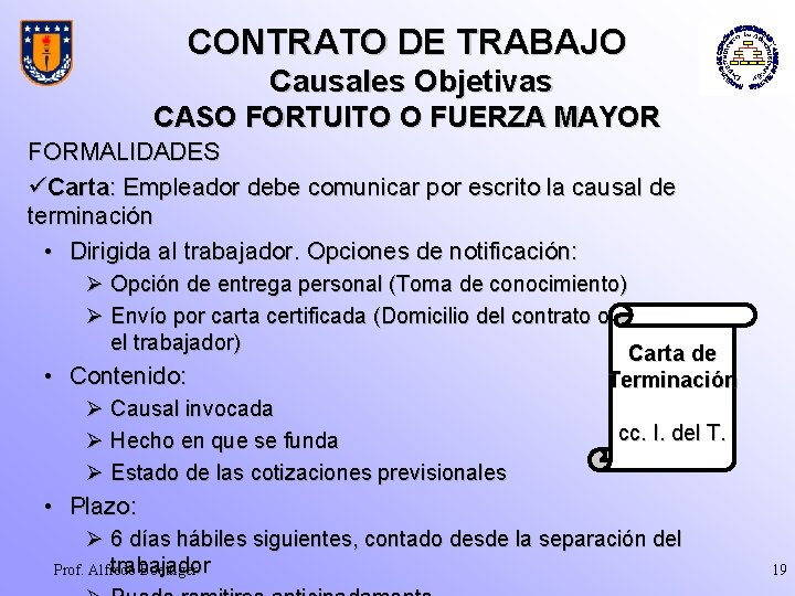 CONTRATO DE TRABAJO Causales Objetivas CASO FORTUITO O FUERZA MAYOR FORMALIDADES üCarta: Empleador debe