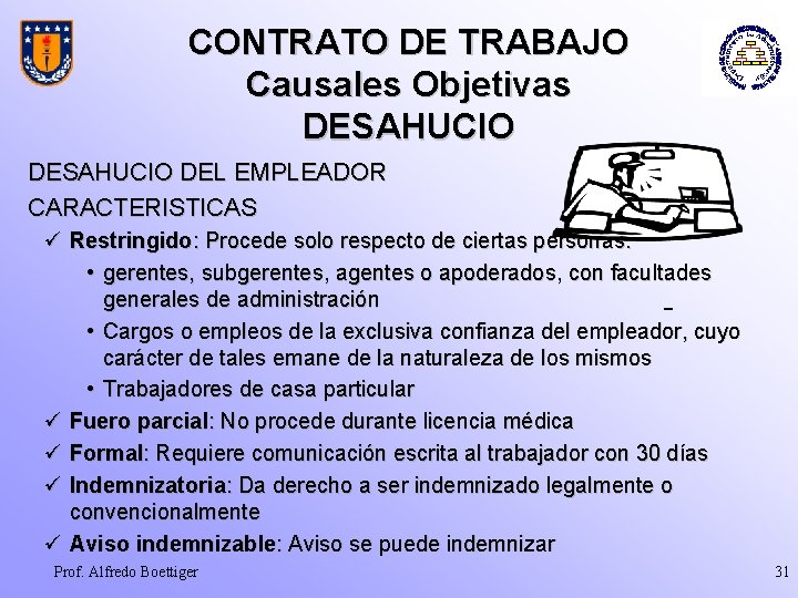 CONTRATO DE TRABAJO Causales Objetivas DESAHUCIO DEL EMPLEADOR CARACTERISTICAS ü Restringido: Procede solo respecto