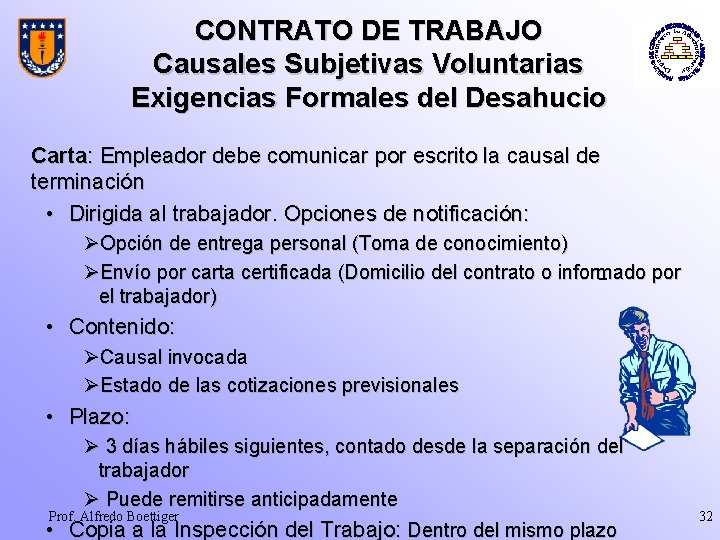 CONTRATO DE TRABAJO Causales Subjetivas Voluntarias Exigencias Formales del Desahucio Carta: Empleador debe comunicar