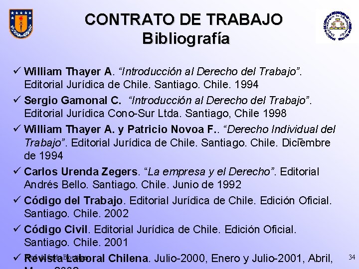 CONTRATO DE TRABAJO Bibliografía ü William Thayer A. “Introducción al Derecho del Trabajo”. Editorial