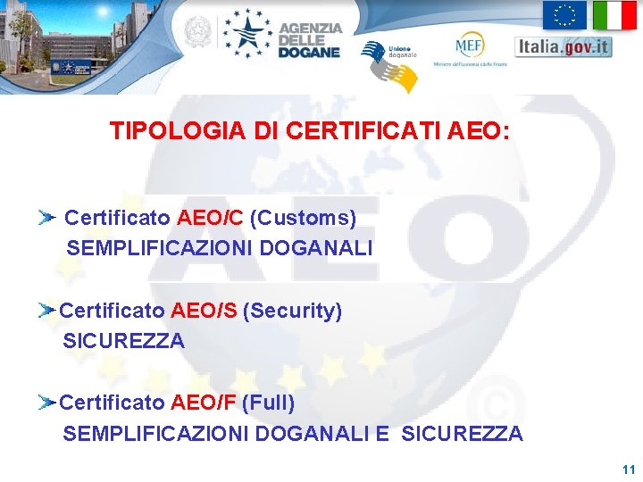 TIPOLOGIA DI CERTIFICATI AEO: Certificato AEO/C (Customs) SEMPLIFICAZIONI DOGANALI Certificato AEO/S (Security) SICUREZZA Certificato