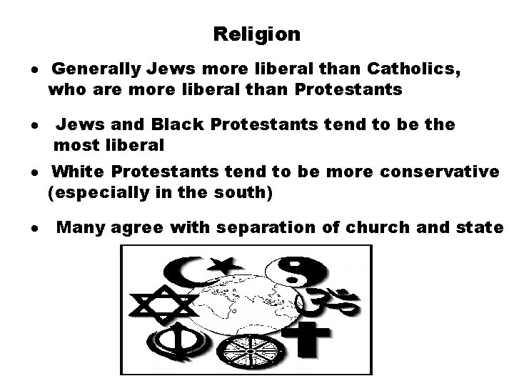 Religion · Generally Jews more liberal than Catholics, who are more liberal than Protestants