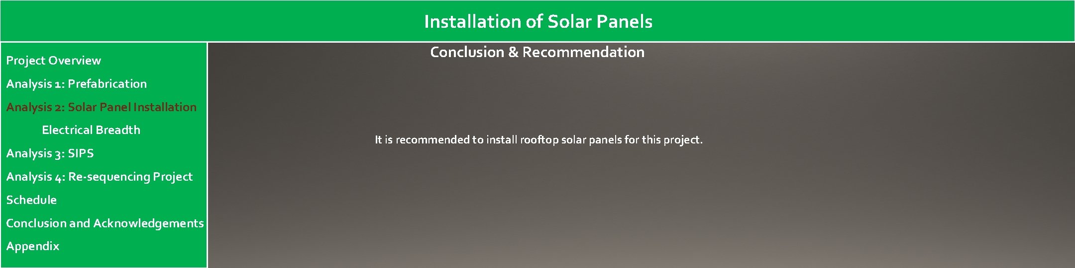 Installation of Solar Panels Project Overview Conclusion & Recommendation Analysis 1: Prefabrication Analysis 2: