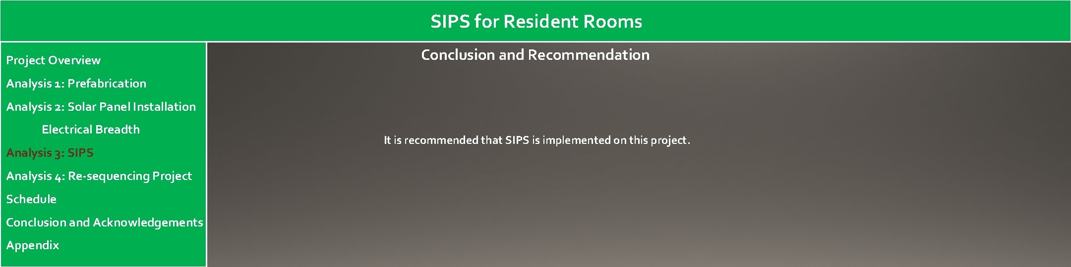 SIPS for Resident Rooms Project Overview Conclusion and Recommendation Analysis 1: Prefabrication Analysis 2: