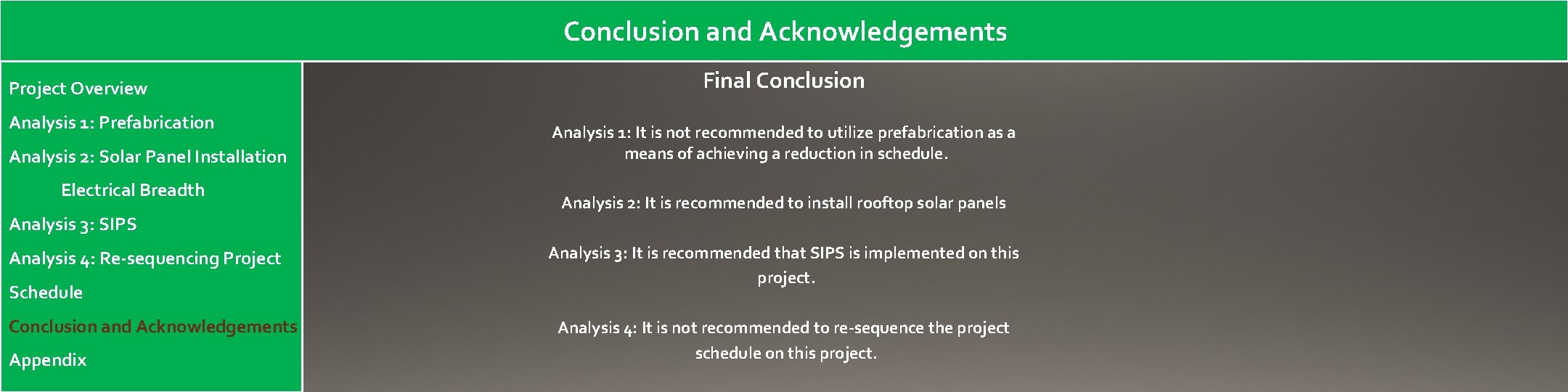 Conclusion and Acknowledgements Project Overview Analysis 1: Prefabrication Analysis 2: Solar Panel Installation Electrical