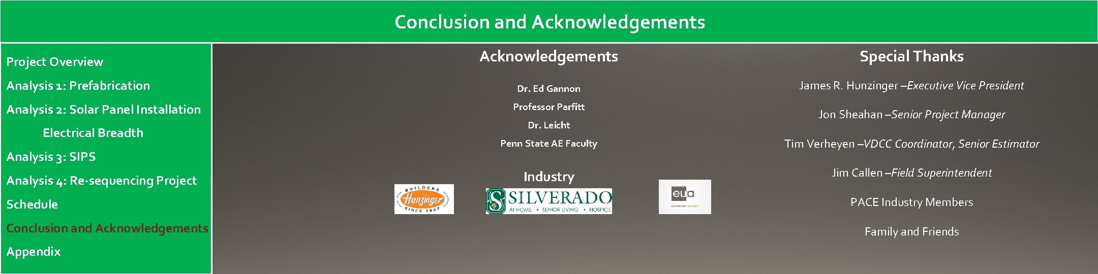 Conclusion and Acknowledgements Project Overview Analysis 1: Prefabrication Analysis 2: Solar Panel Installation Electrical