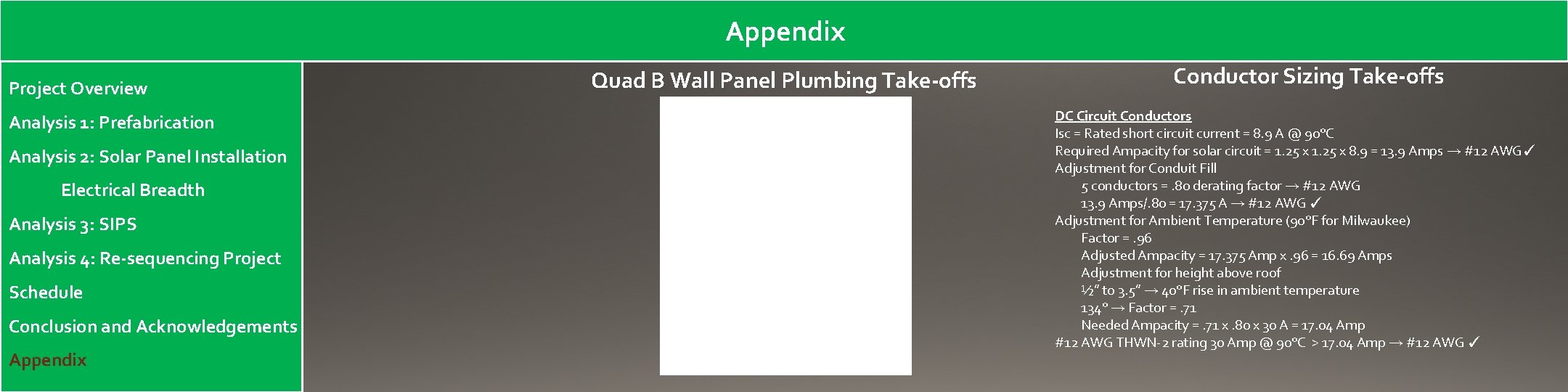 Appendix Project Overview Analysis 1: Prefabrication Analysis 2: Solar Panel Installation Electrical Breadth Analysis