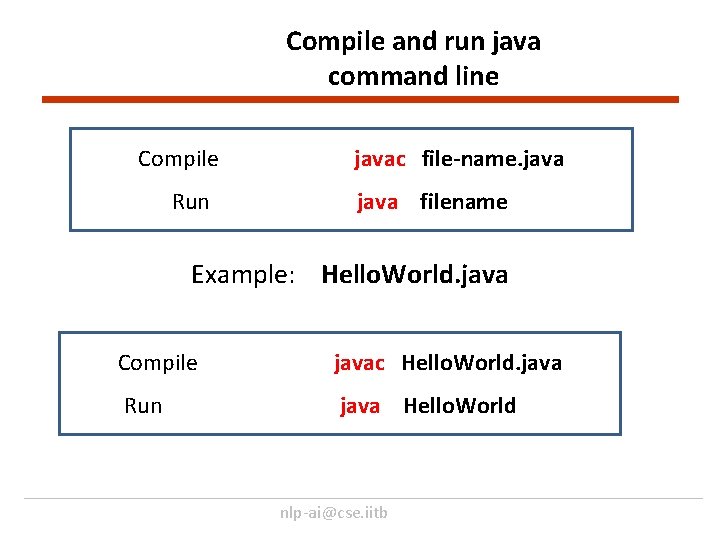 Compile and run java command line Compile Run javac file-name. java filename Example: Hello.