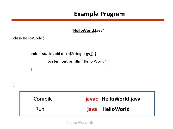 Example Program “Hello. World. java” class Hello. World{ public static void main(String args[]) {