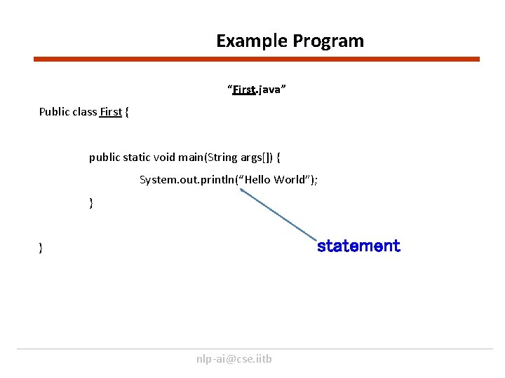 Example Program “First. java” Public class First { public static void main(String args[]) {