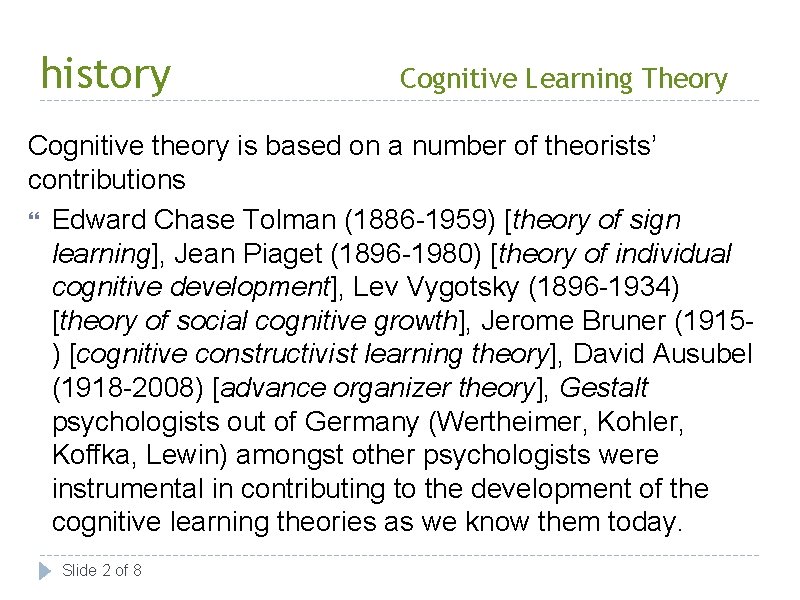 history Cognitive Learning Theory Cognitive theory is based on a number of theorists’ contributions