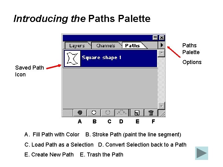 Introducing the Paths Palette Options Saved Path Icon A A. Fill Path with Color