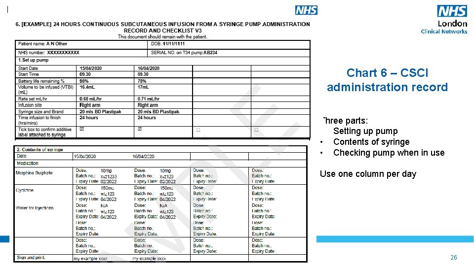 Chart 6 – CSCI administration record Three parts: • Setting up pump • Contents
