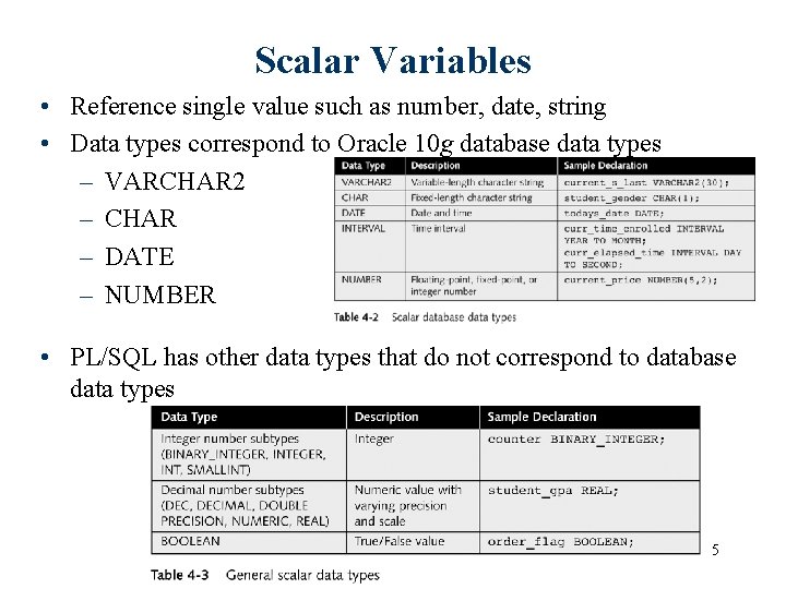 Scalar Variables • Reference single value such as number, date, string • Data types