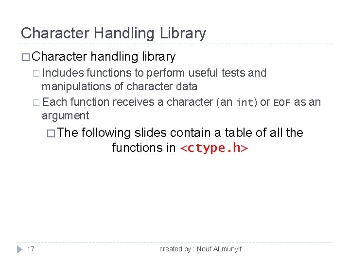Character Handling Library � Character handling library � Includes functions to perform useful tests