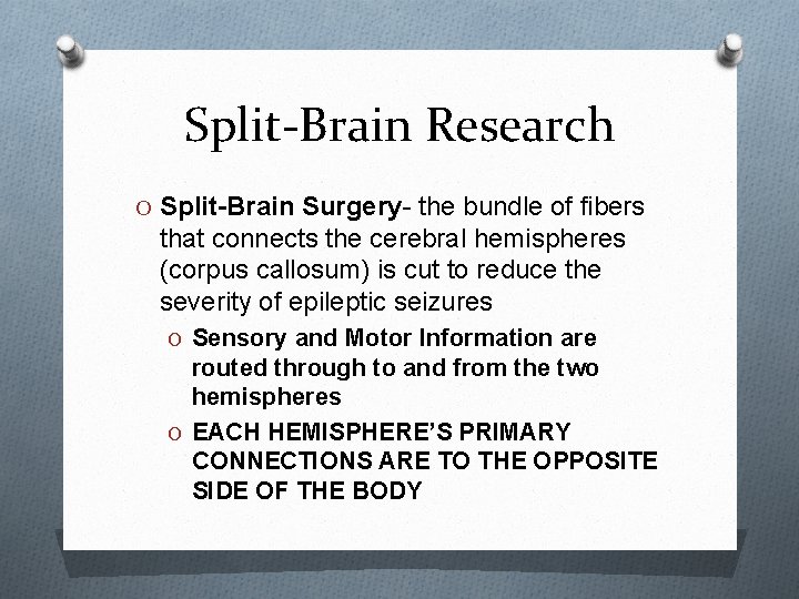 Split-Brain Research O Split-Brain Surgery- the bundle of fibers that connects the cerebral hemispheres