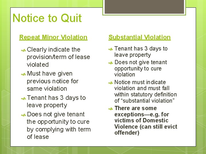 Notice to Quit Repeat Minor Violation Clearly indicate the provision/term of lease violated Must