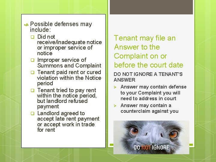  Possible defenses may include: q q q Did not receive/inadequate notice or improper