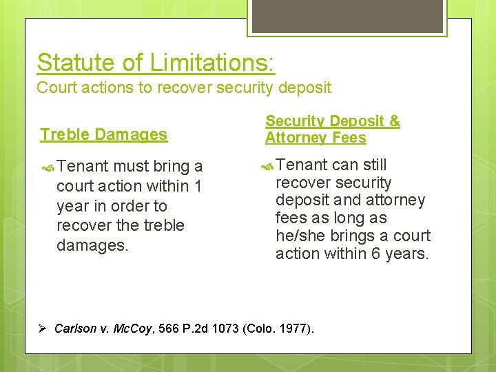 Statute of Limitations: Court actions to recover security deposit Treble Damages Tenant must bring