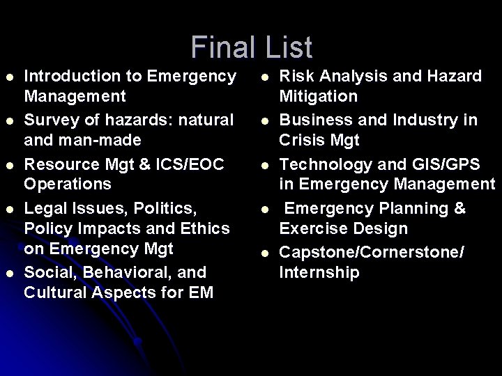 Final List l l l Introduction to Emergency Management Survey of hazards: natural and