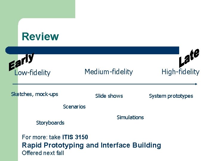 Review Medium-fidelity Low-fidelity Sketches, mock-ups Slide shows High-fidelity System prototypes Scenarios Storyboards Simulations For