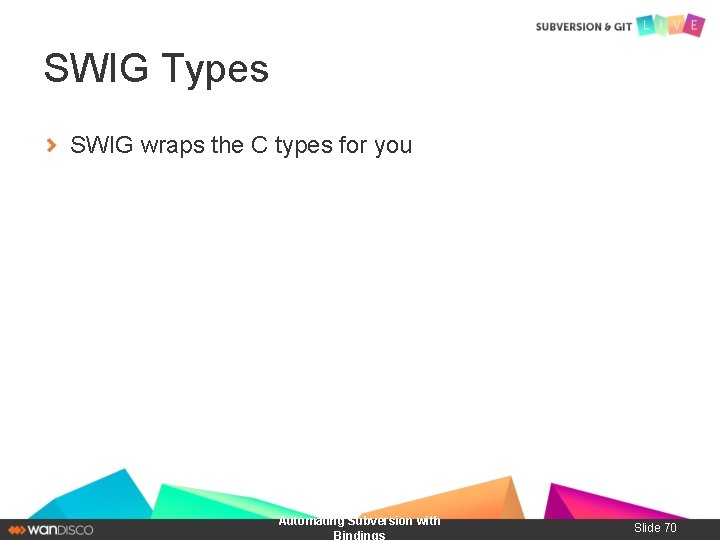 SWIG Types SWIG wraps the C types for you Automating Subversion with Bindings Slide