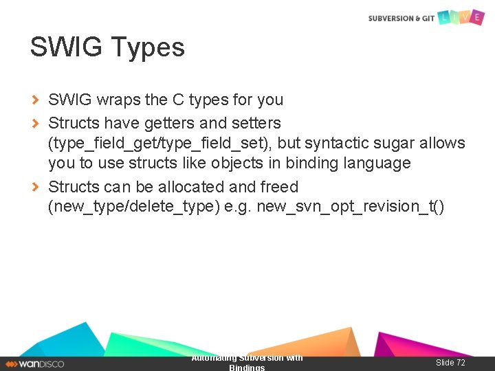 SWIG Types SWIG wraps the C types for you Structs have getters and setters