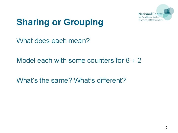 Sharing or Grouping What does each mean? Model each with some counters for 8