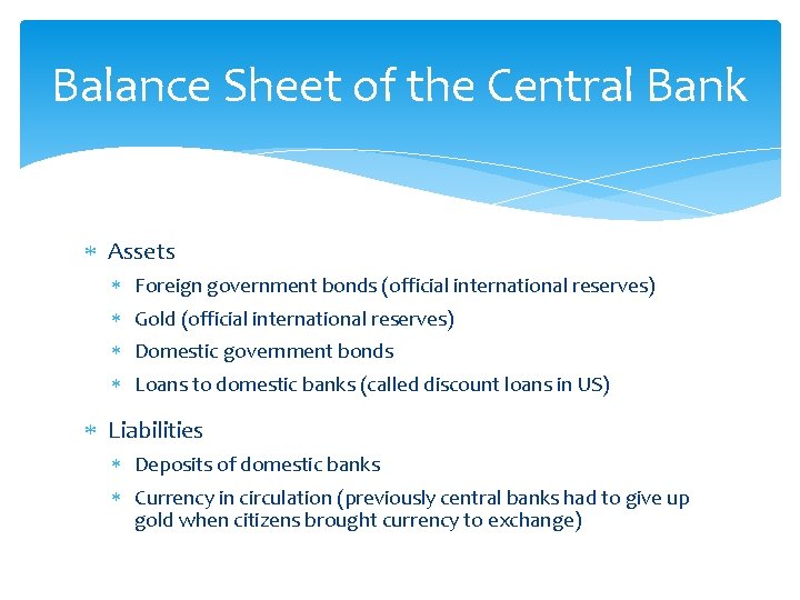 Balance Sheet of the Central Bank Assets Foreign government bonds (official international reserves) Gold