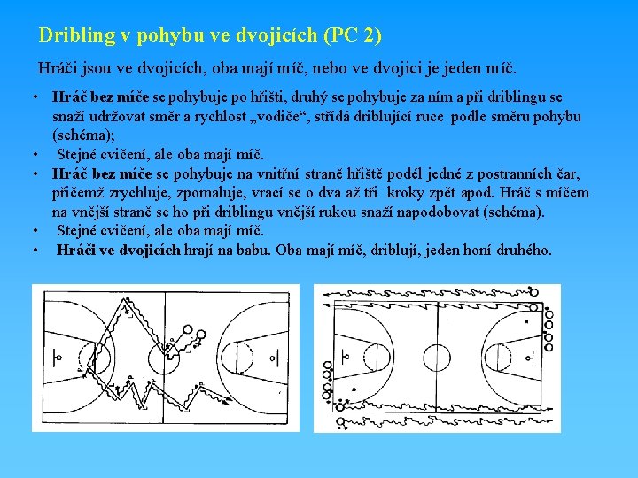 Dribling v pohybu ve dvojicích (PC 2) Hráči jsou ve dvojicích, oba mají míč,