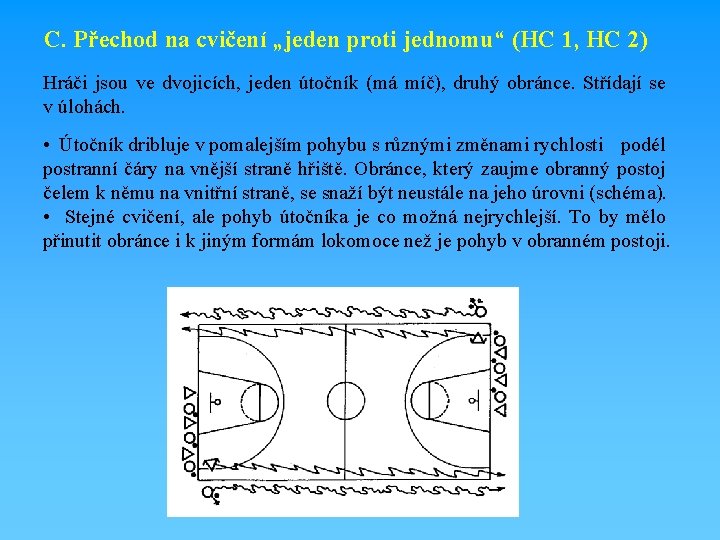 C. Přechod na cvičení „jeden proti jednomu“ (HC 1, HC 2) Hráči jsou ve