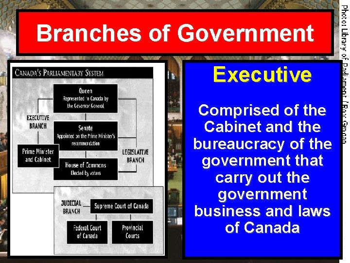 Branches of Government Executive Comprised of the Cabinet and the bureaucracy of the government