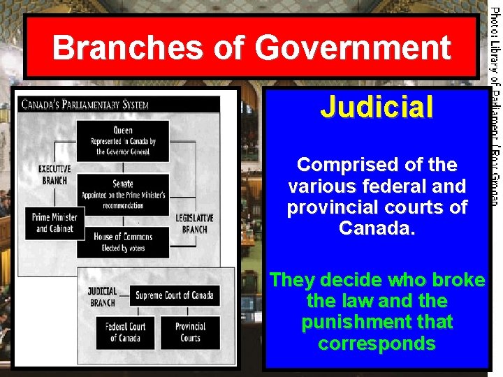 Branches of Government Judicial Comprised of the various federal and provincial courts of Canada.