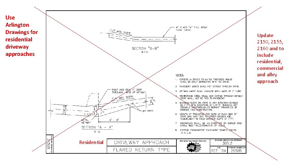 Use Arlington Drawings for residential driveway approaches Update 2150, 2155, 2160 and to include