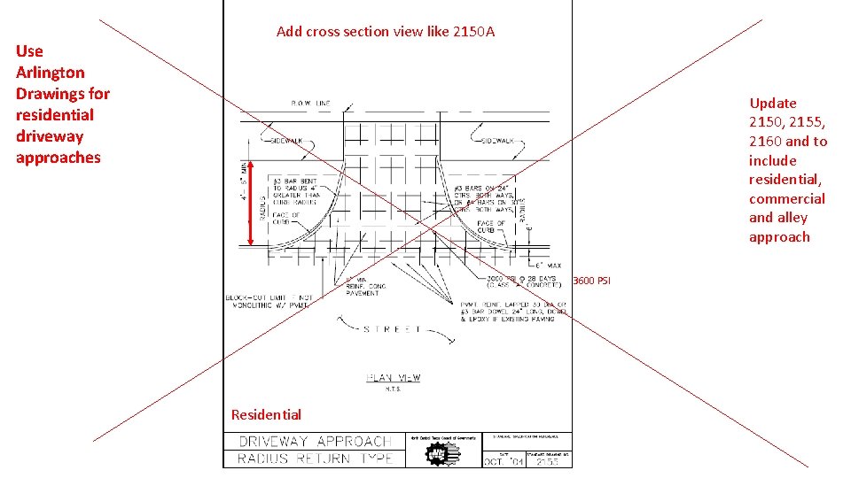 Use Arlington Drawings for residential driveway approaches Add cross section view like 2150 A