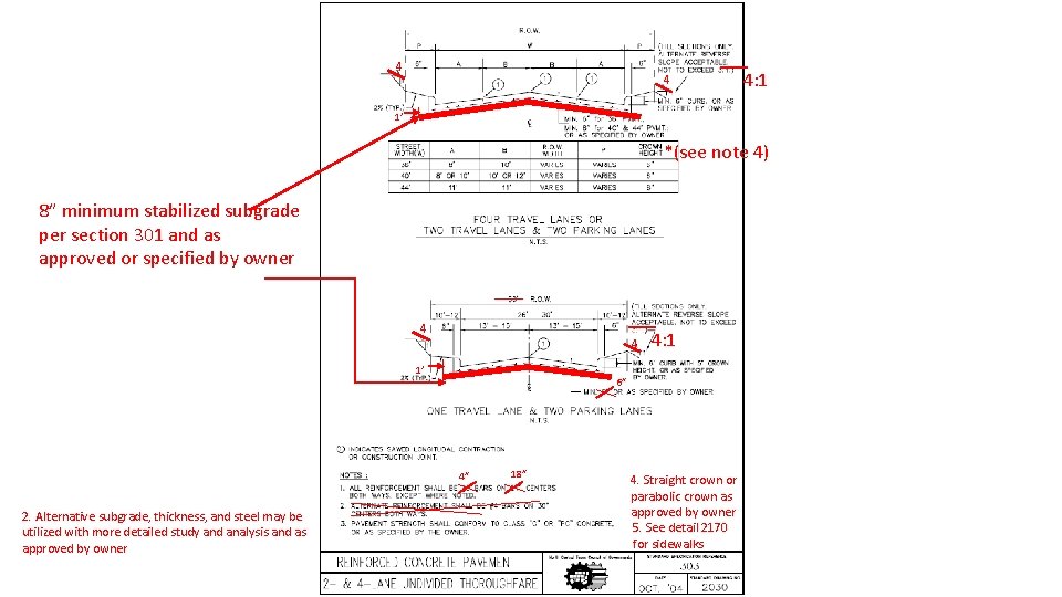 4 4 4: 1 1’ *(see note 4) 8” minimum stabilized subgrade per section