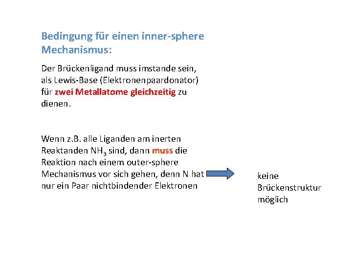 Bedingung für einen inner-sphere Mechanismus: Der Brückenligand muss imstande sein, als Lewis-Base (Elektronenpaardonator) für