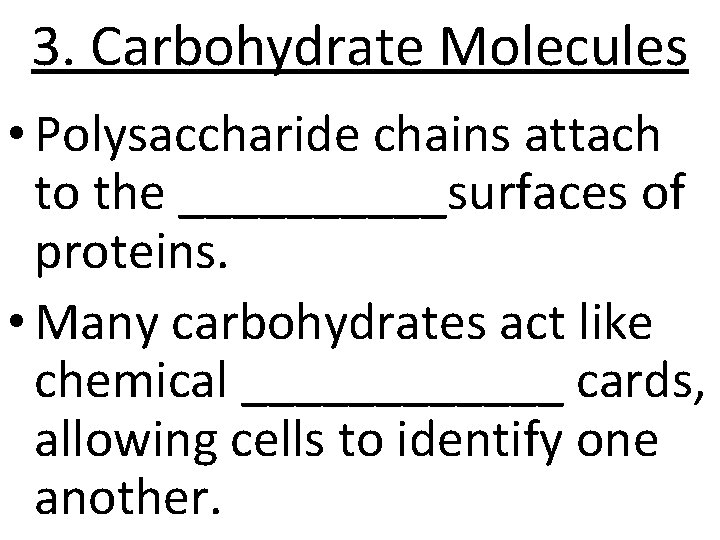 3. Carbohydrate Molecules • Polysaccharide chains attach to the _____surfaces of proteins. • Many