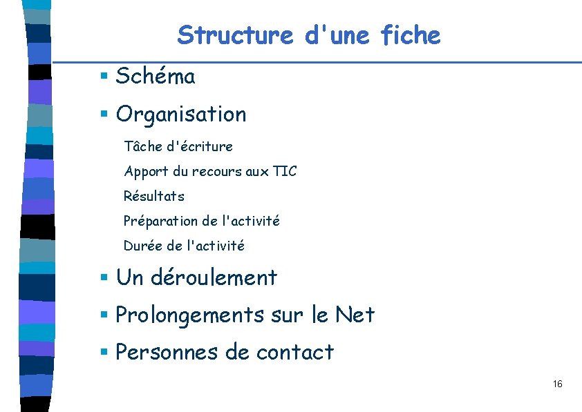 Structure d'une fiche § Schéma § Organisation Tâche d'écriture Apport du recours aux TIC