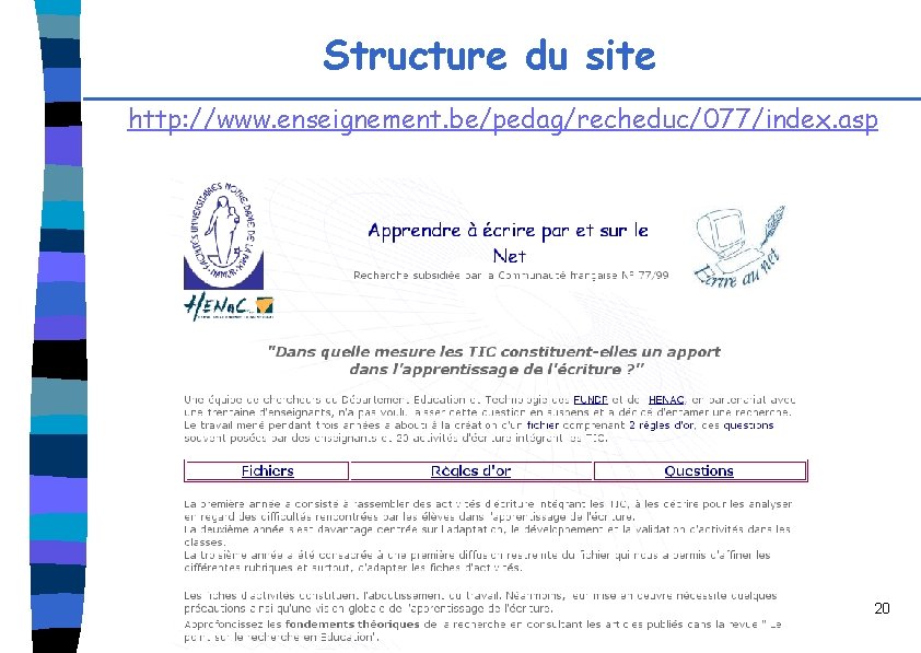 Structure du site http: //www. enseignement. be/pedag/recheduc/077/index. asp 20 