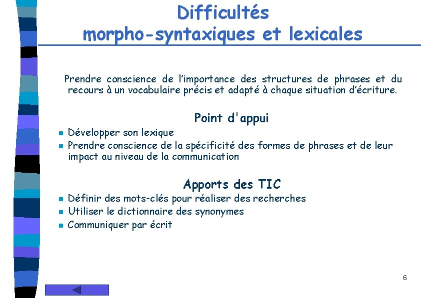 Difficultés morpho-syntaxiques et lexicales Prendre conscience de l’importance des structures de phrases et du