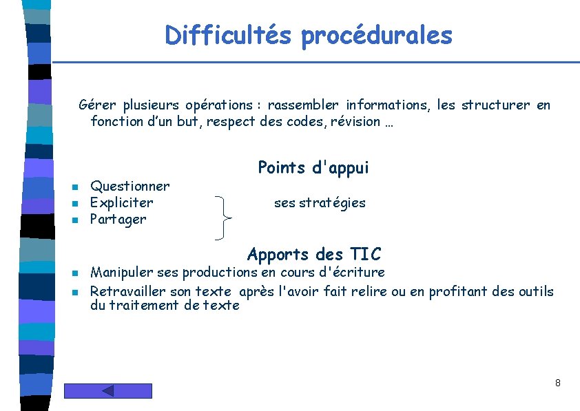 Difficultés procédurales Gérer plusieurs opérations : rassembler informations, les structurer en fonction d’un but,