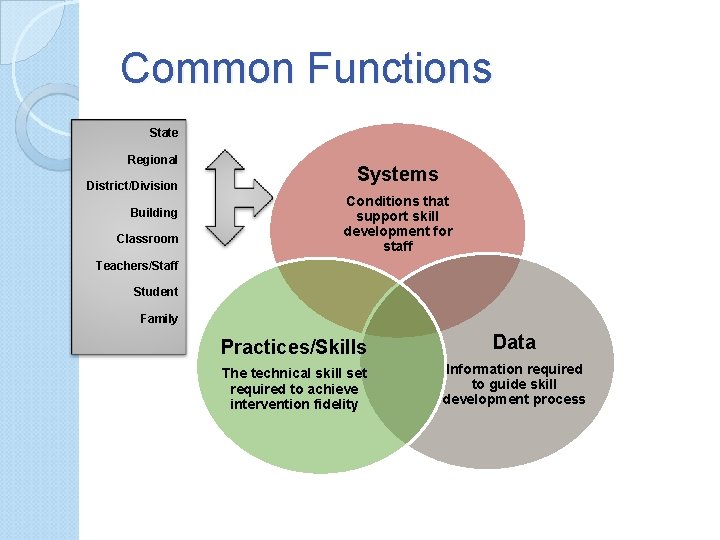 Common Functions State Regional District/Division Building Classroom Systems Conditions that support skill development for